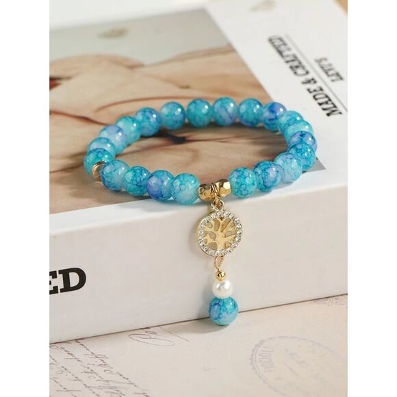 Handmade Blue Apatite Stretch Tree of Life Charm Bead Bracelet Goldtone Jewelry - Picture 1 of 5